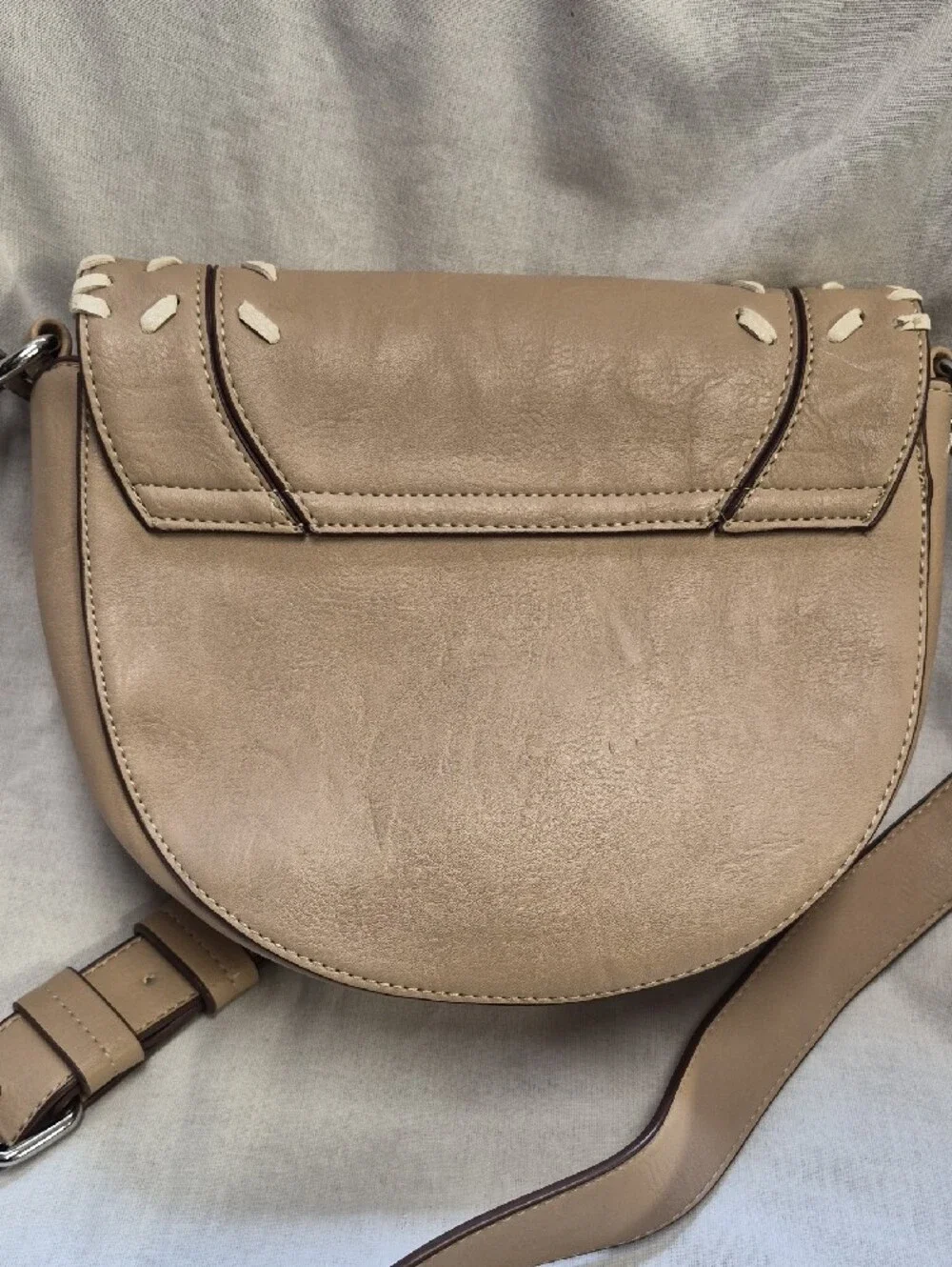 Charming Charlie Beige/Tan Whipstitch Crossbody Saddle Bag
